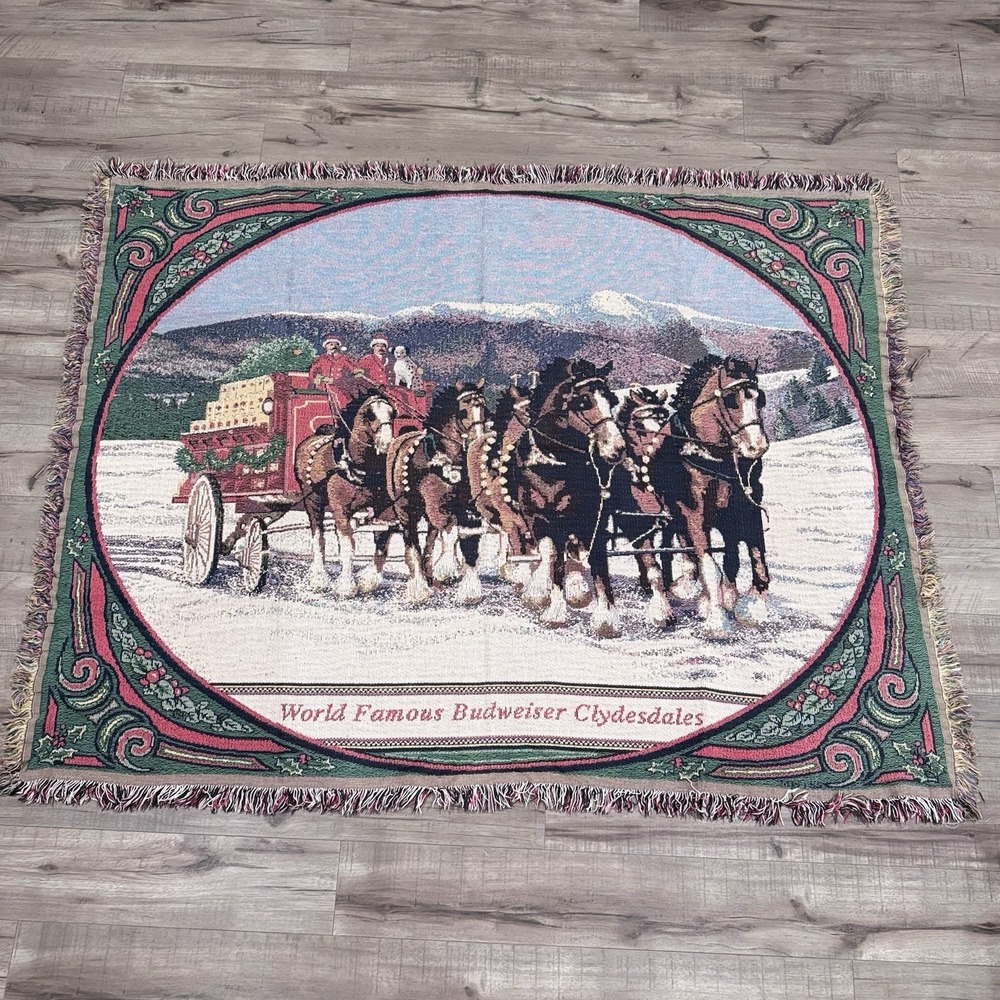Budweiser Clydesdales Woven Tapestry Throw Blanket Christmas Wagon Vintage Snow